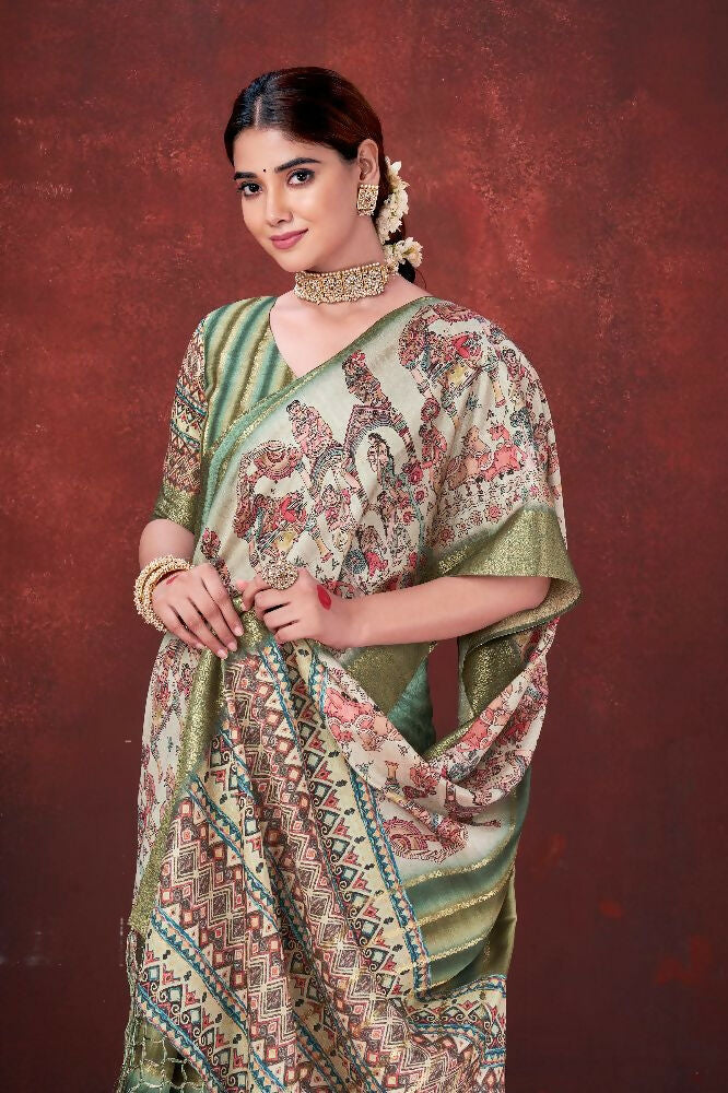 Green Poly Habotai Silk Foil Print Saree with Unstitched Blouse - Kathari