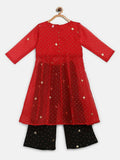 Ahalyaa Red Organza Kids Kurta Palazzo Set For Girls