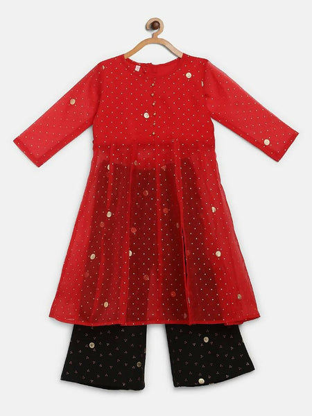 Ahalyaa Red Organza Kids Kurta Palazzo Set For Girls