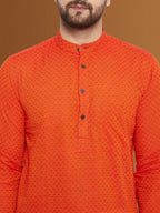 Even Apparels Men's Pure Cotton Orange Kurta