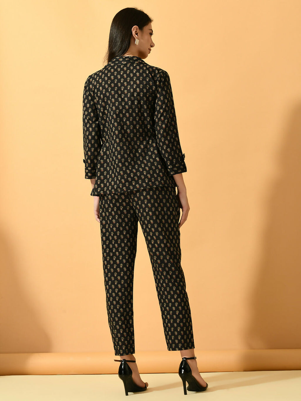 Myshka Women's Black Printed Coat With Trousers