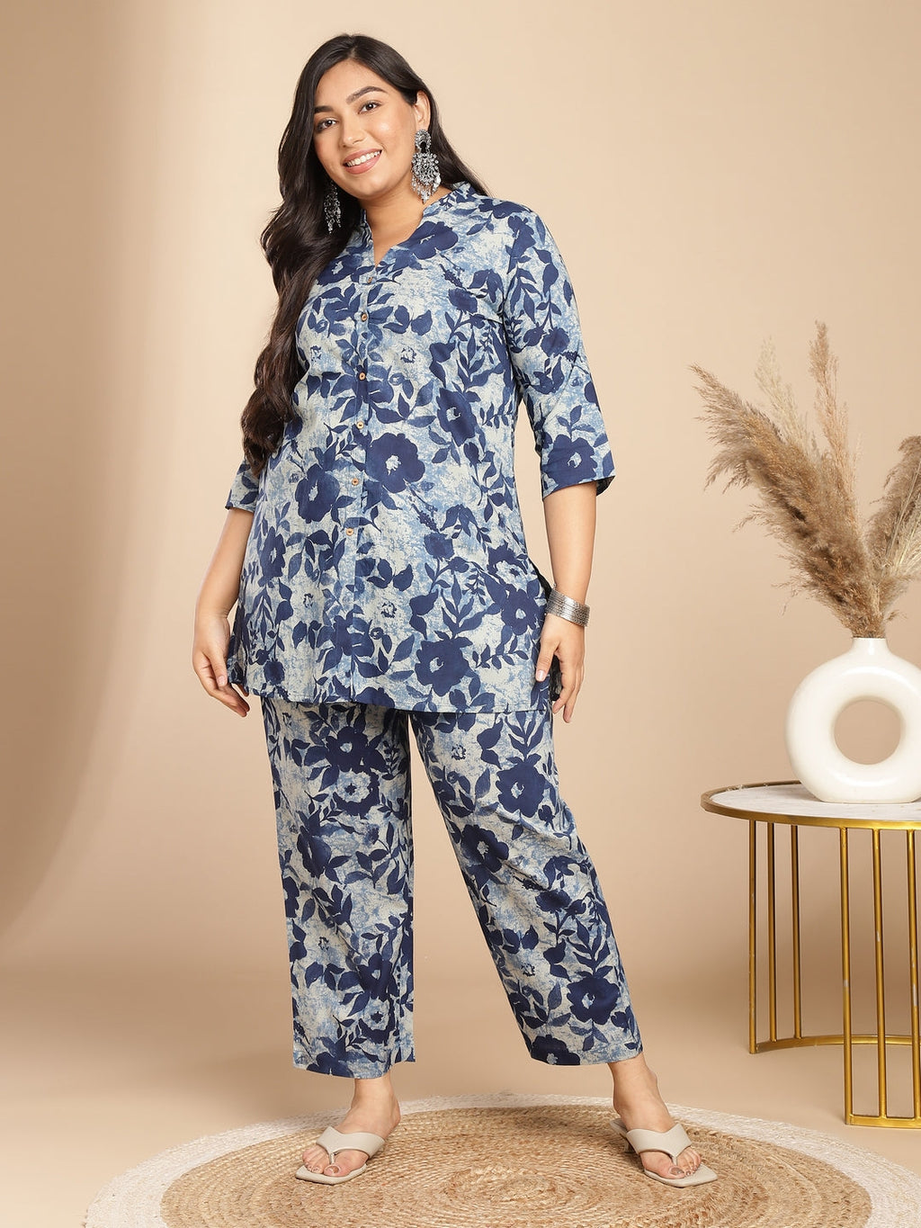 Janasya Dark Cotton Floral A-Line Top & Bottom Set - Distacart