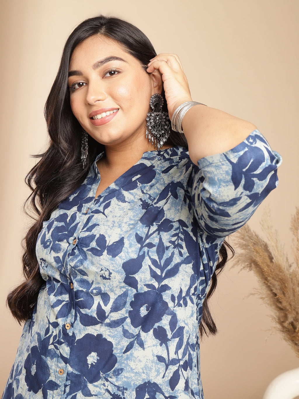 Janasya Dark Cotton Floral A-Line Top & Bottom Set - Distacart
