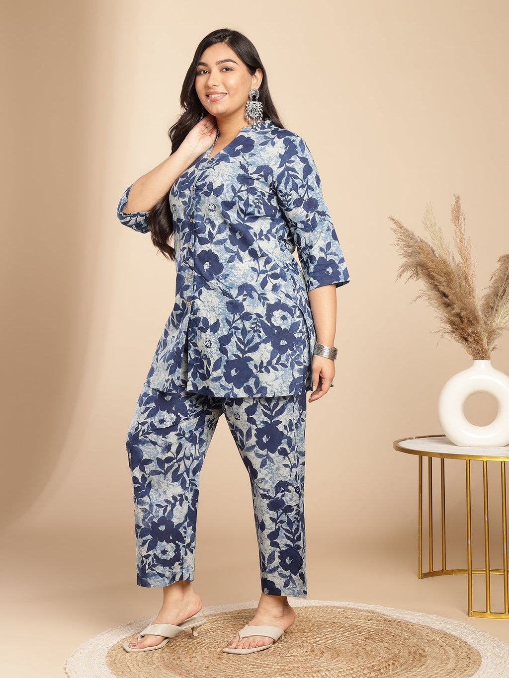 Janasya Dark Cotton Floral A-Line Top & Bottom Set - Distacart