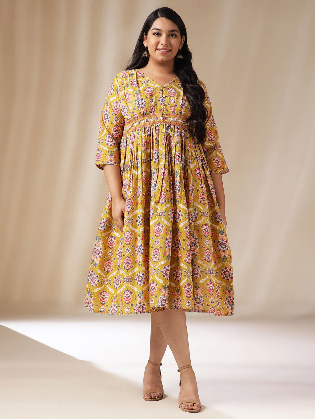 Janasya Gathered Cotton Mustard Floral V-Neck Dress - Distacart