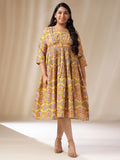 Janasya Gathered Cotton Mustard Floral V-Neck Dress - Distacart