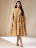 Janasya Gathered Cotton Mustard Floral V-Neck Dress - Distacart