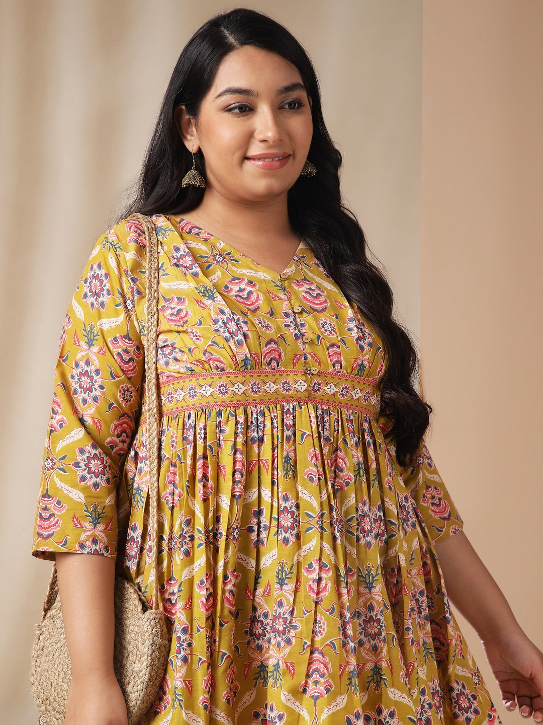 Janasya Gathered Cotton Mustard Floral V-Neck Dress - Distacart