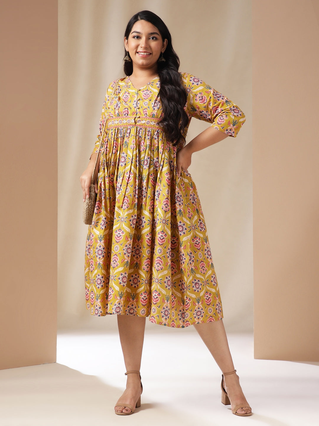 Janasya Gathered Cotton Mustard Floral V-Neck Dress - Distacart