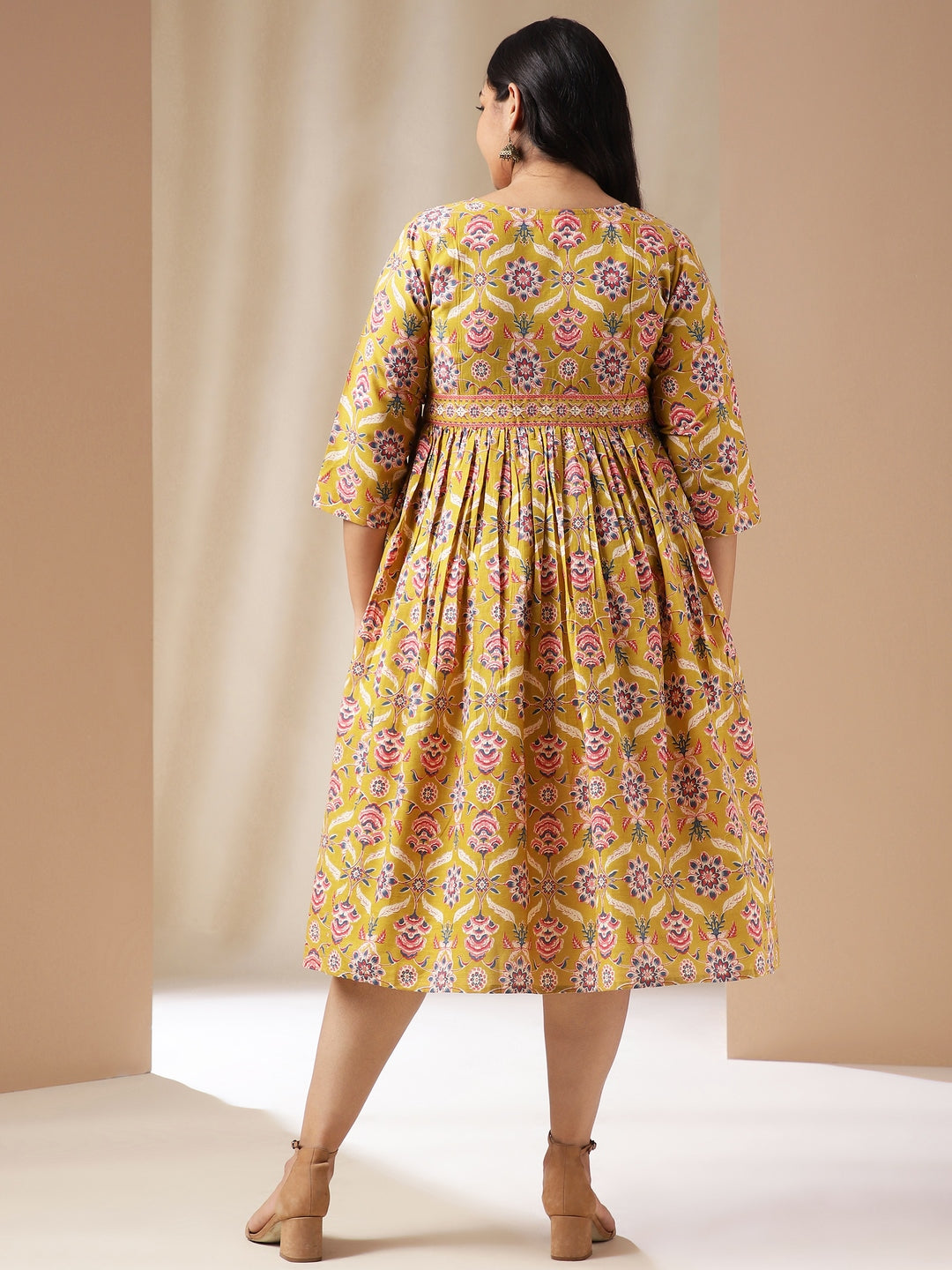 Janasya Gathered Cotton Mustard Floral V-Neck Dress - Distacart