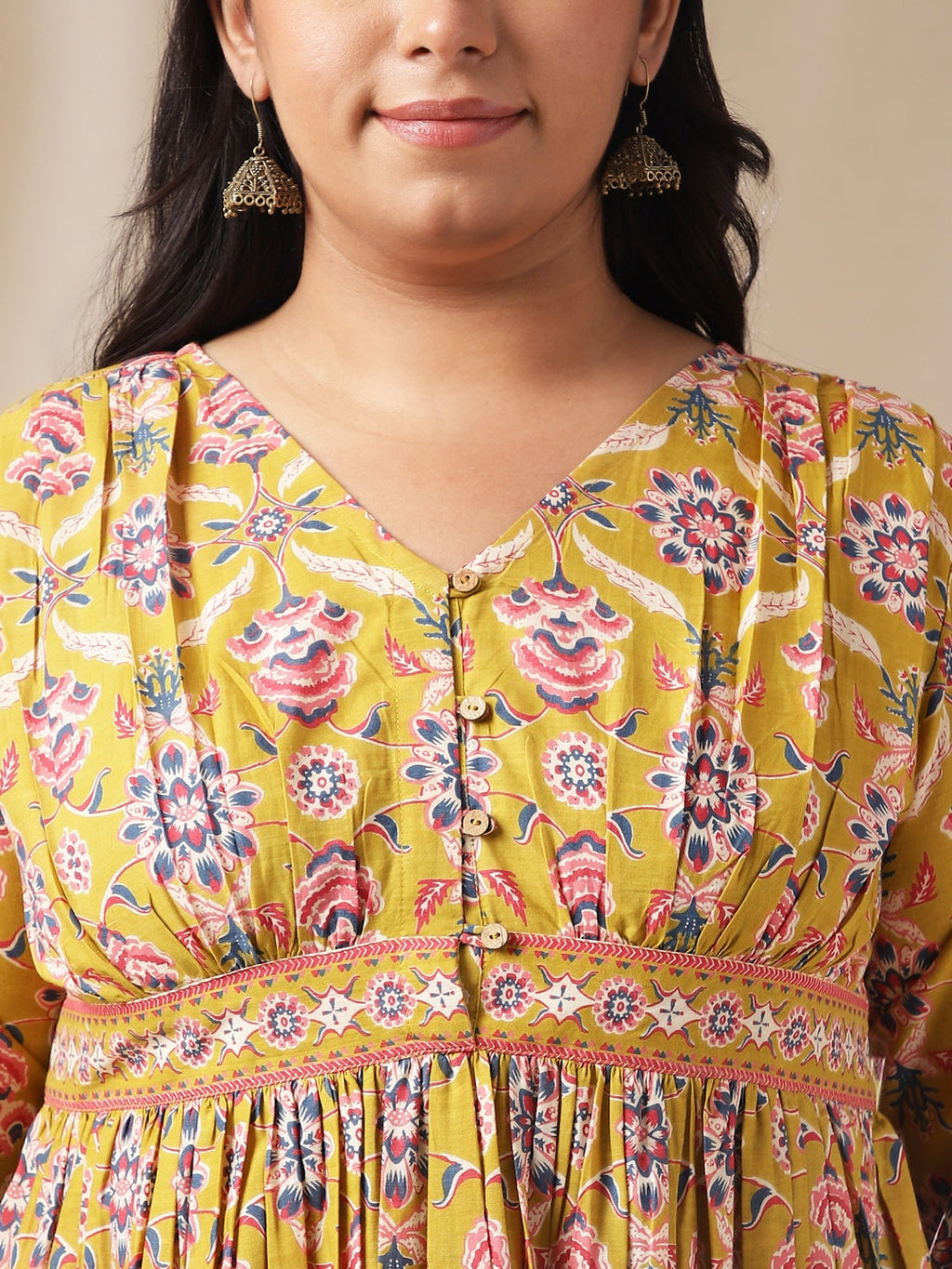 Janasya Gathered Cotton Mustard Floral V-Neck Dress - Distacart