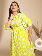 Janasya Gathering Cambric Lime Floral Round Neck Dress - Distacart