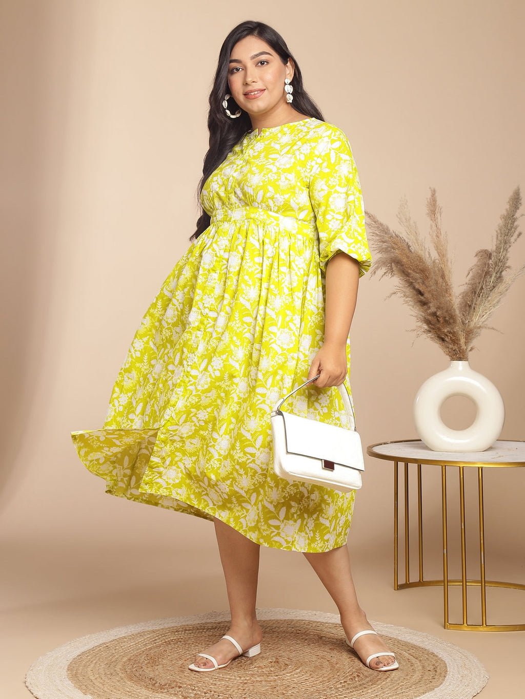 Janasya Gathering Cambric Lime Floral Round Neck Dress - Distacart
