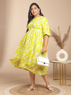 Janasya Gathering Cambric Lime Floral Round Neck Dress - Distacart