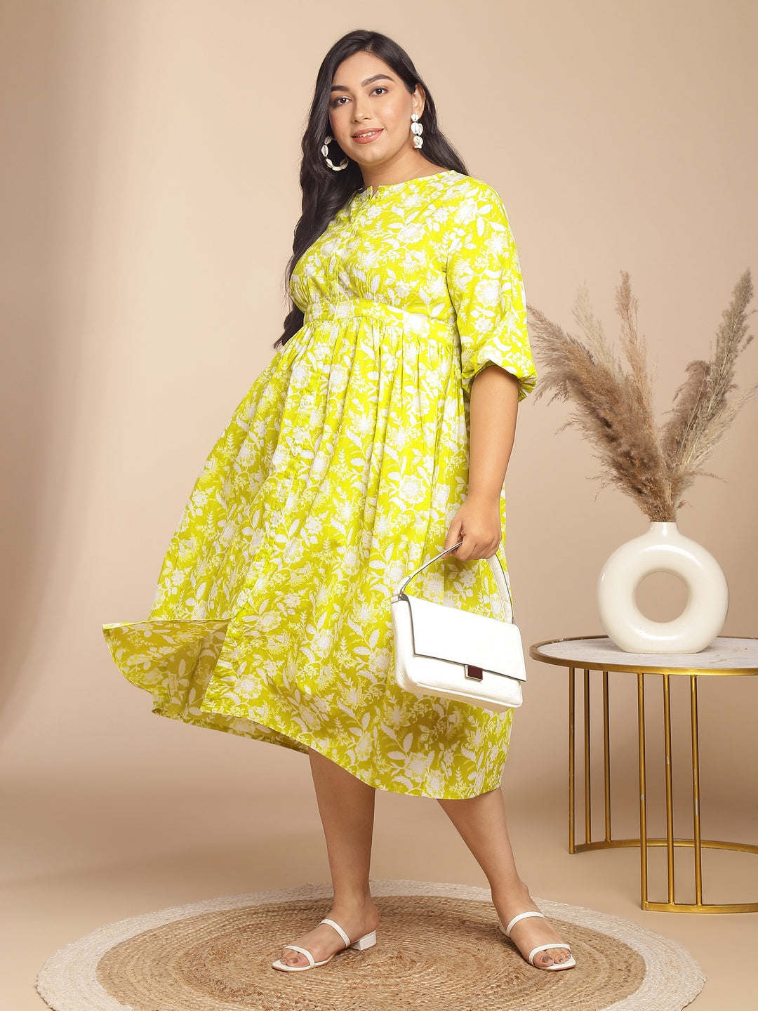 Janasya Gathering Cambric Lime Floral Round Neck Dress - Distacart