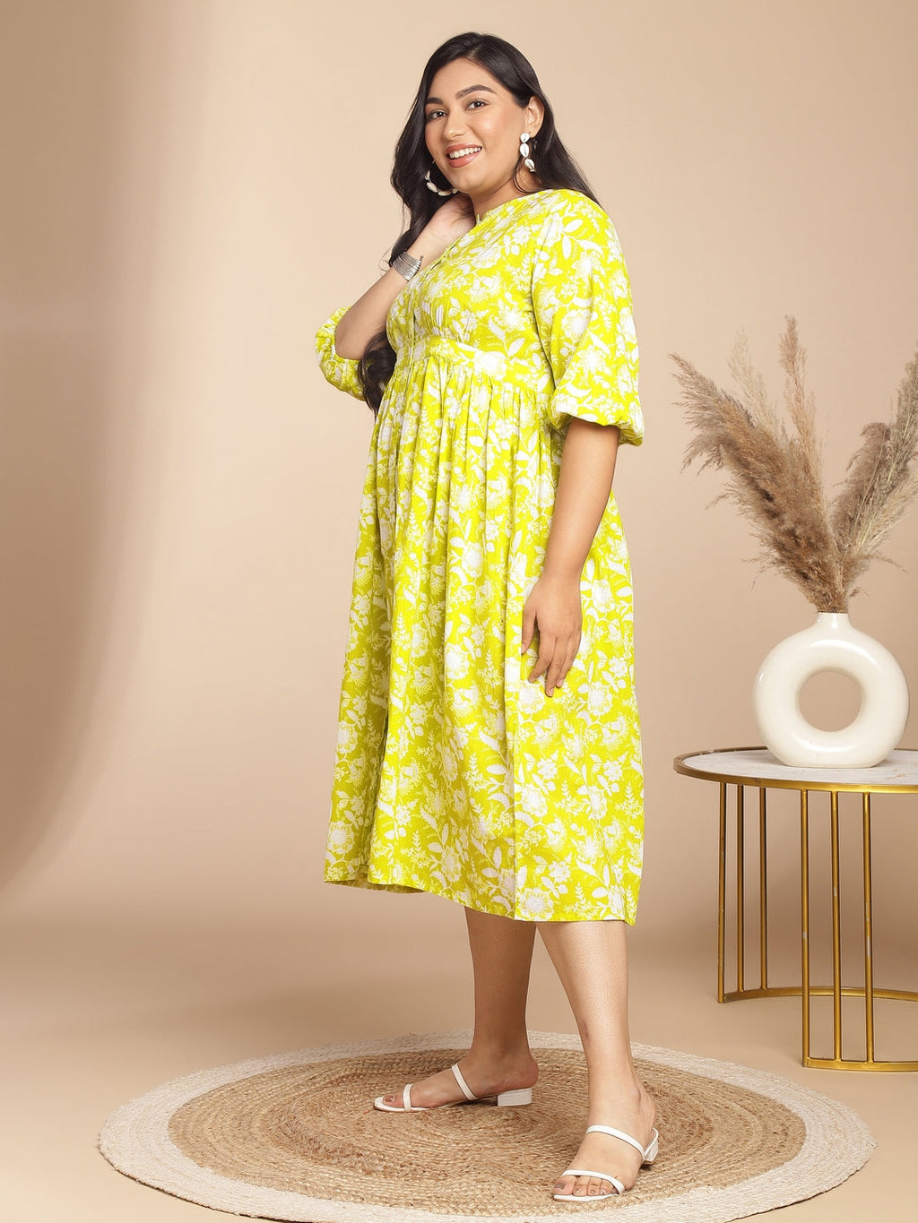 Janasya Gathering Cambric Lime Floral Round Neck Dress - Distacart