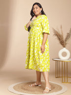 Janasya Gathering Cambric Lime Floral Round Neck Dress - Distacart