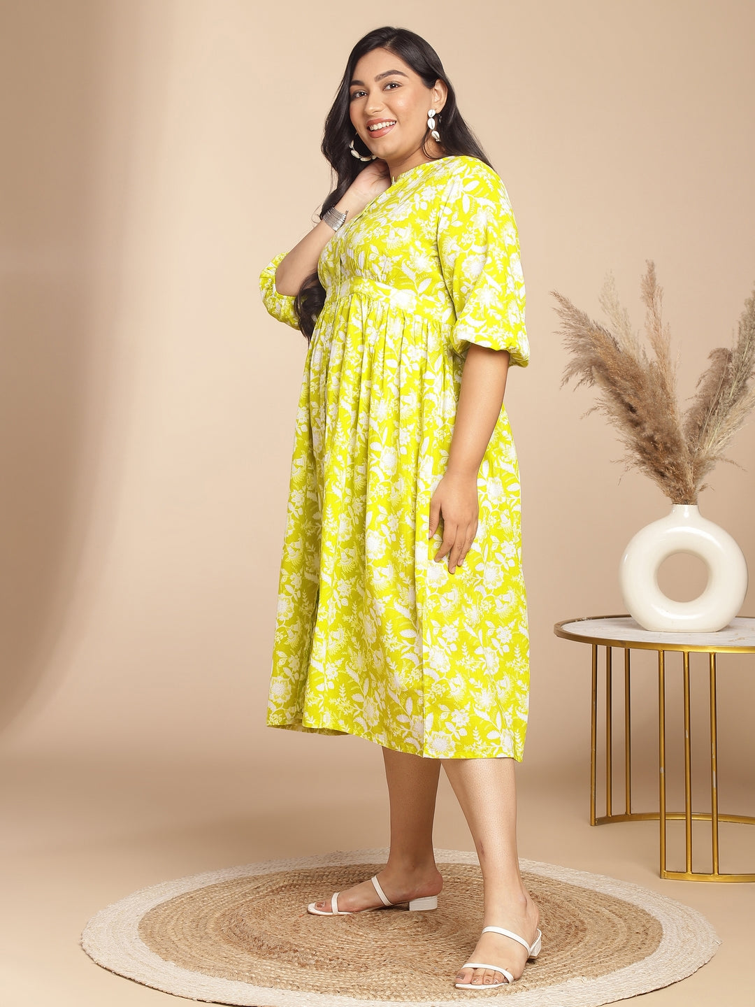 Janasya Gathering Cambric Lime Floral Round Neck Dress - Distacart