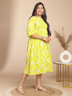Janasya Gathering Cambric Lime Floral Round Neck Dress - Distacart