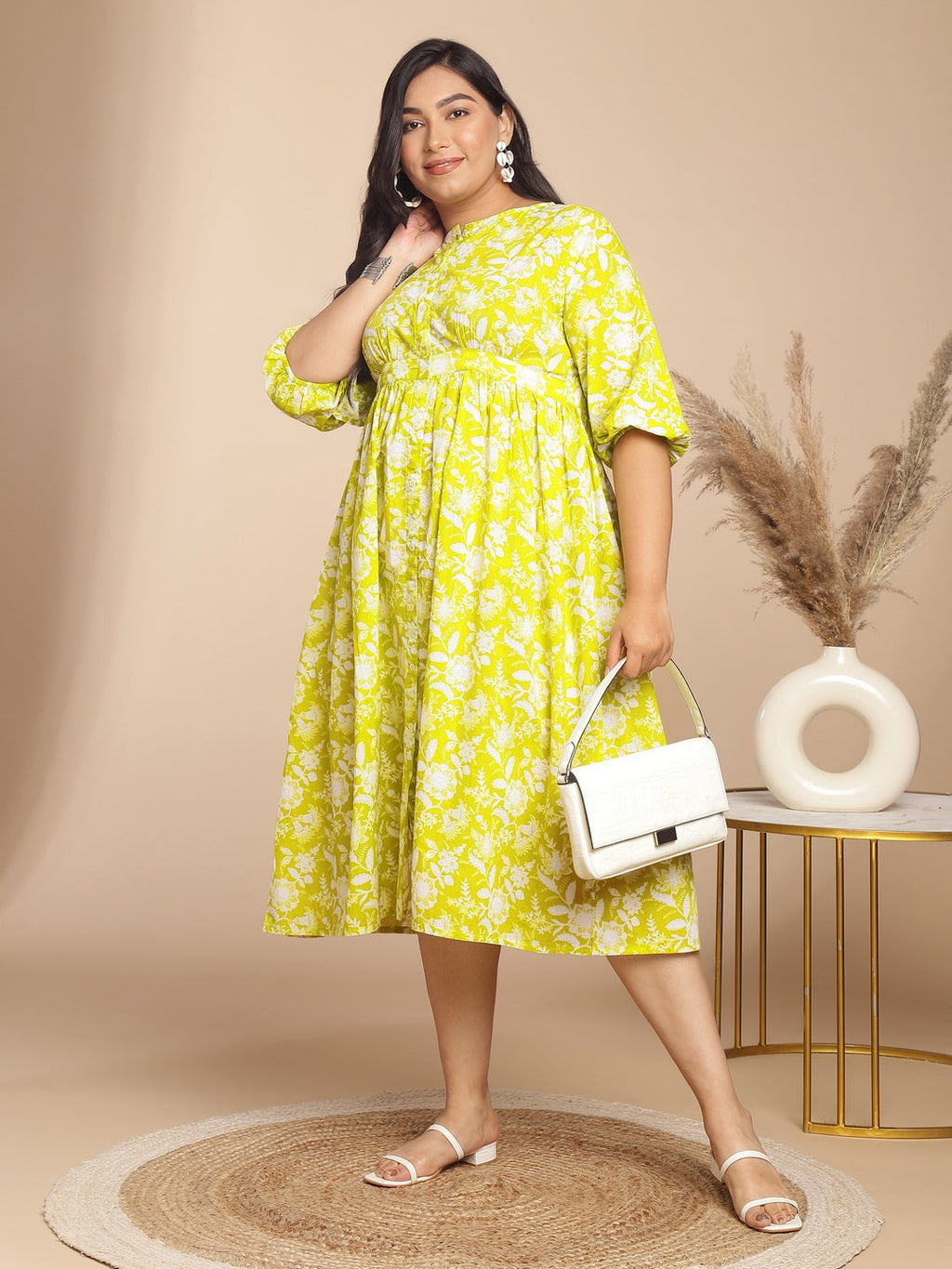 Janasya Gathering Cambric Lime Floral Round Neck Dress - Distacart