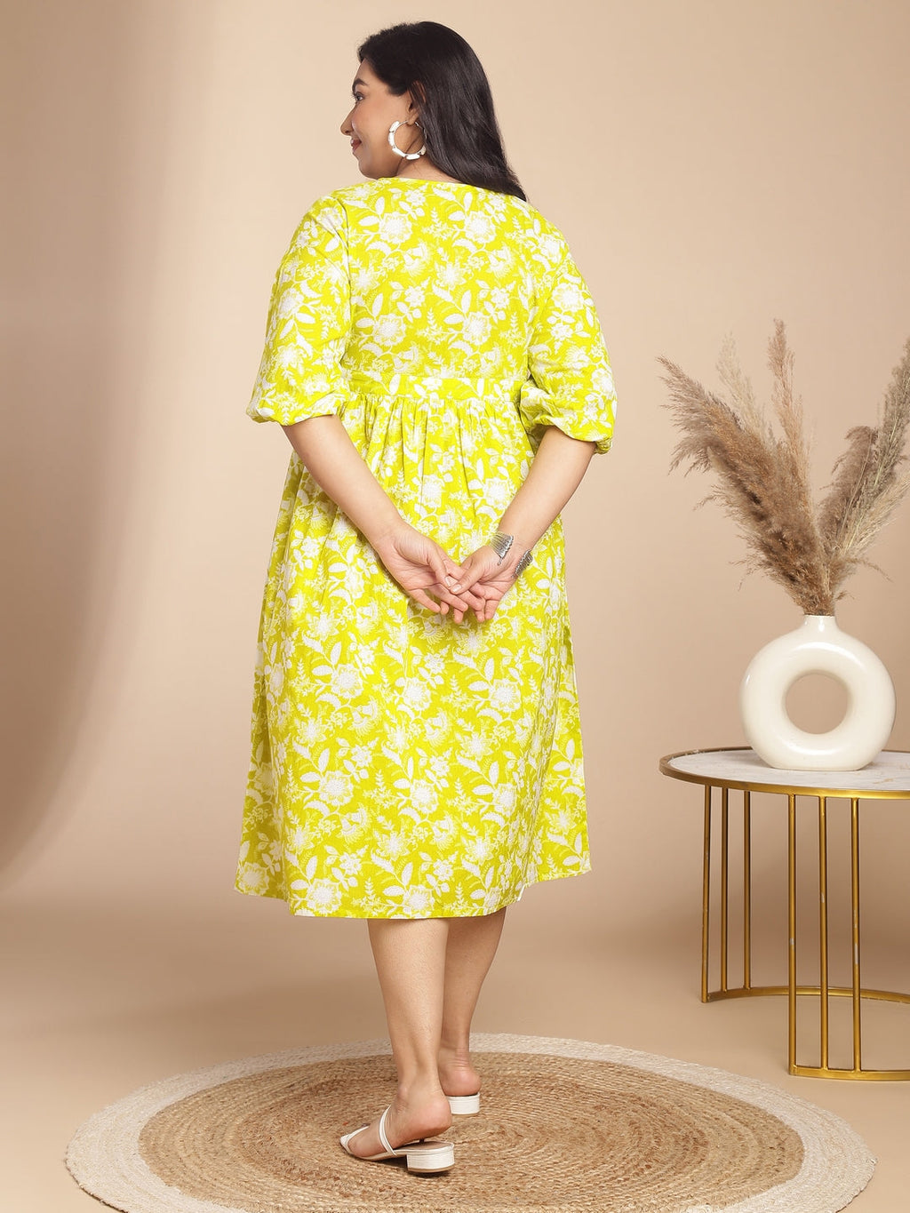 Janasya Gathering Cambric Lime Floral Round Neck Dress - Distacart