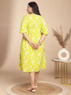Janasya Gathering Cambric Lime Floral Round Neck Dress - Distacart