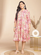 Janasya Gathered Cambric Pink Abstract Band Collar Dress - Distacart