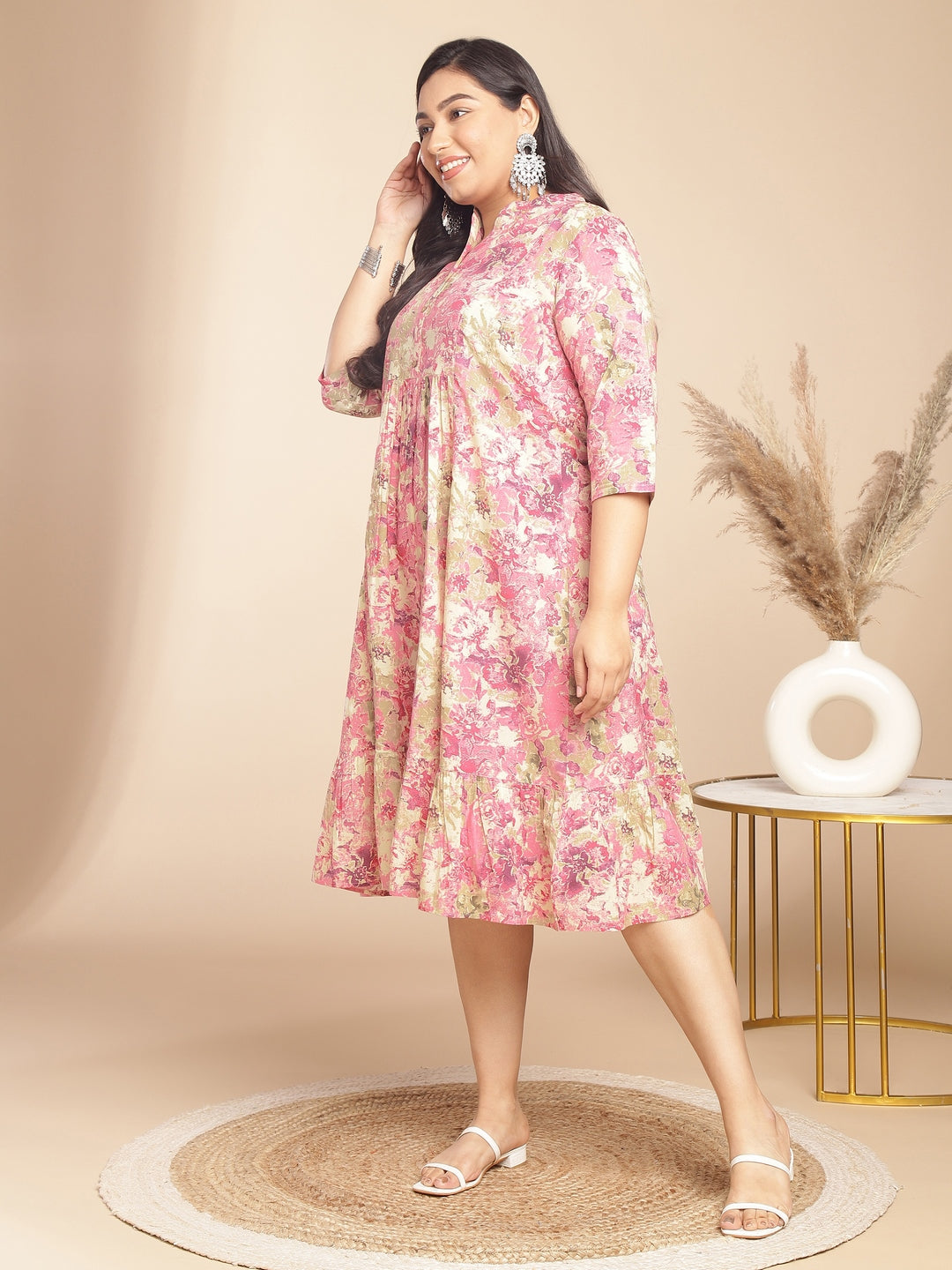 Janasya Gathered Cambric Pink Abstract Band Collar Dress - Distacart