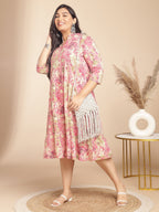 Janasya Gathered Cambric Pink Abstract Band Collar Dress - Distacart
