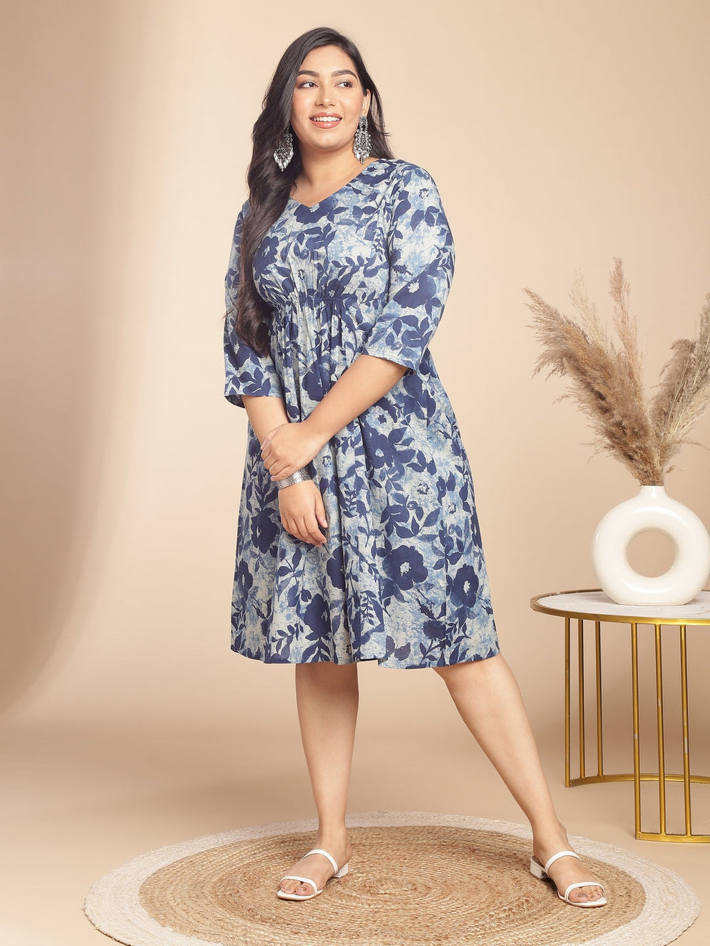 Janasya Gathered Cambric Indigo Floral V-Neck Dress - Distacart