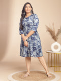 Janasya Gathered Cambric Indigo Floral V-Neck Dress - Distacart