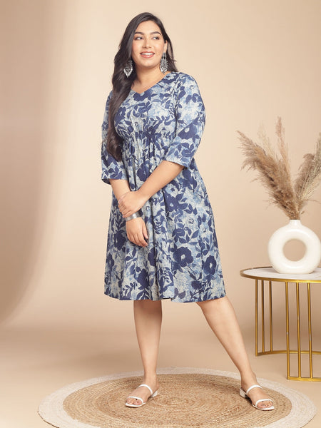 Janasya Gathered Cambric Indigo Floral V-Neck Dress