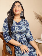 Janasya Gathered Cambric Indigo Floral V-Neck Dress - Distacart
