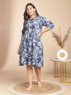 Janasya Gathered Cambric Indigo Floral V-Neck Dress - Distacart