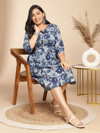 Janasya Gathered Cambric Indigo Floral V-Neck Dress - Distacart