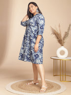 Janasya Gathered Cambric Indigo Floral V-Neck Dress - Distacart