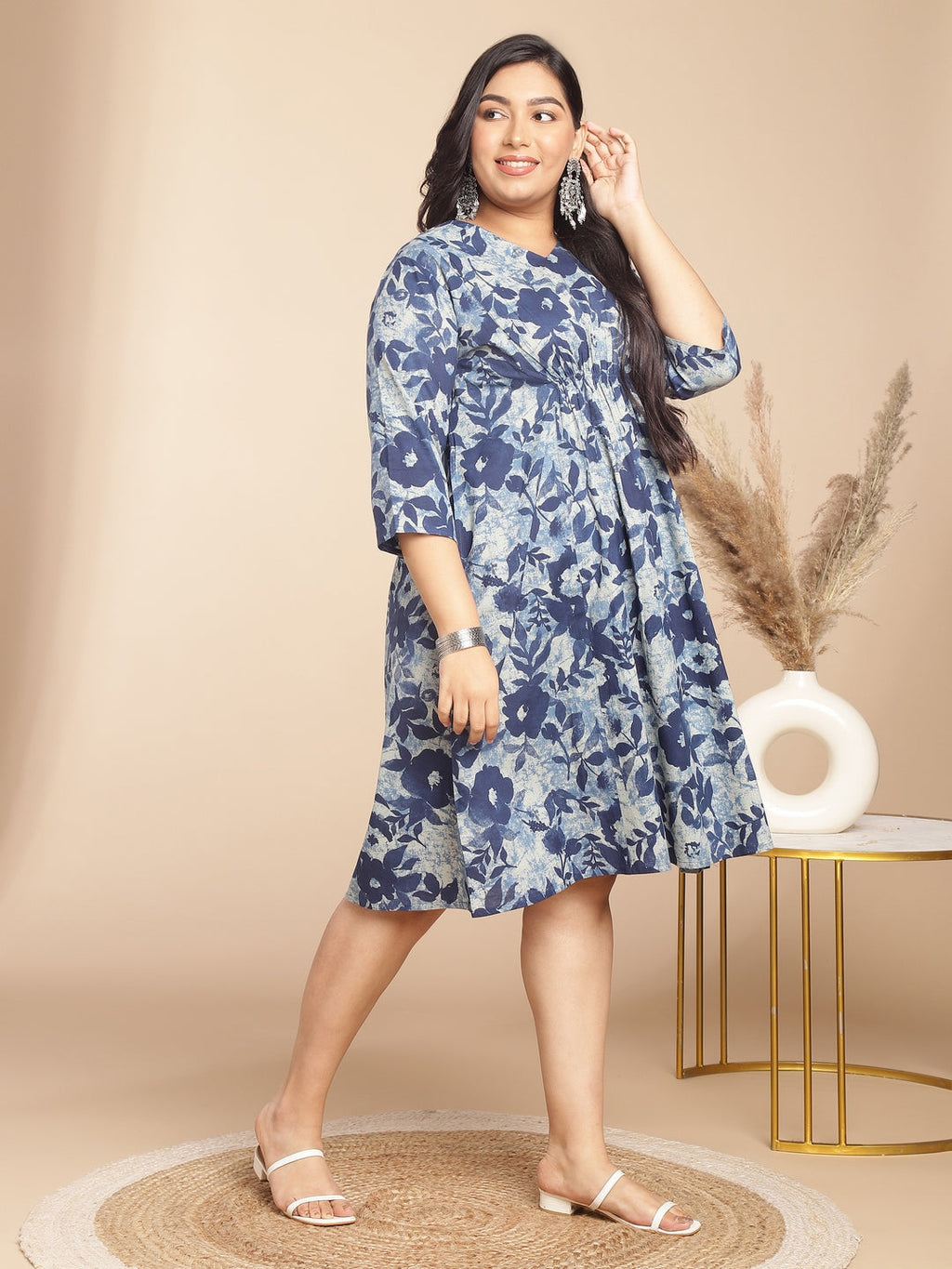 Janasya Gathered Cambric Indigo Floral V-Neck Dress - Distacart