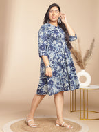 Janasya Gathered Cambric Indigo Floral V-Neck Dress - Distacart
