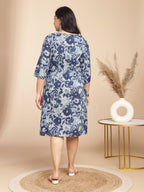 Janasya Gathered Cambric Indigo Floral V-Neck Dress - Distacart