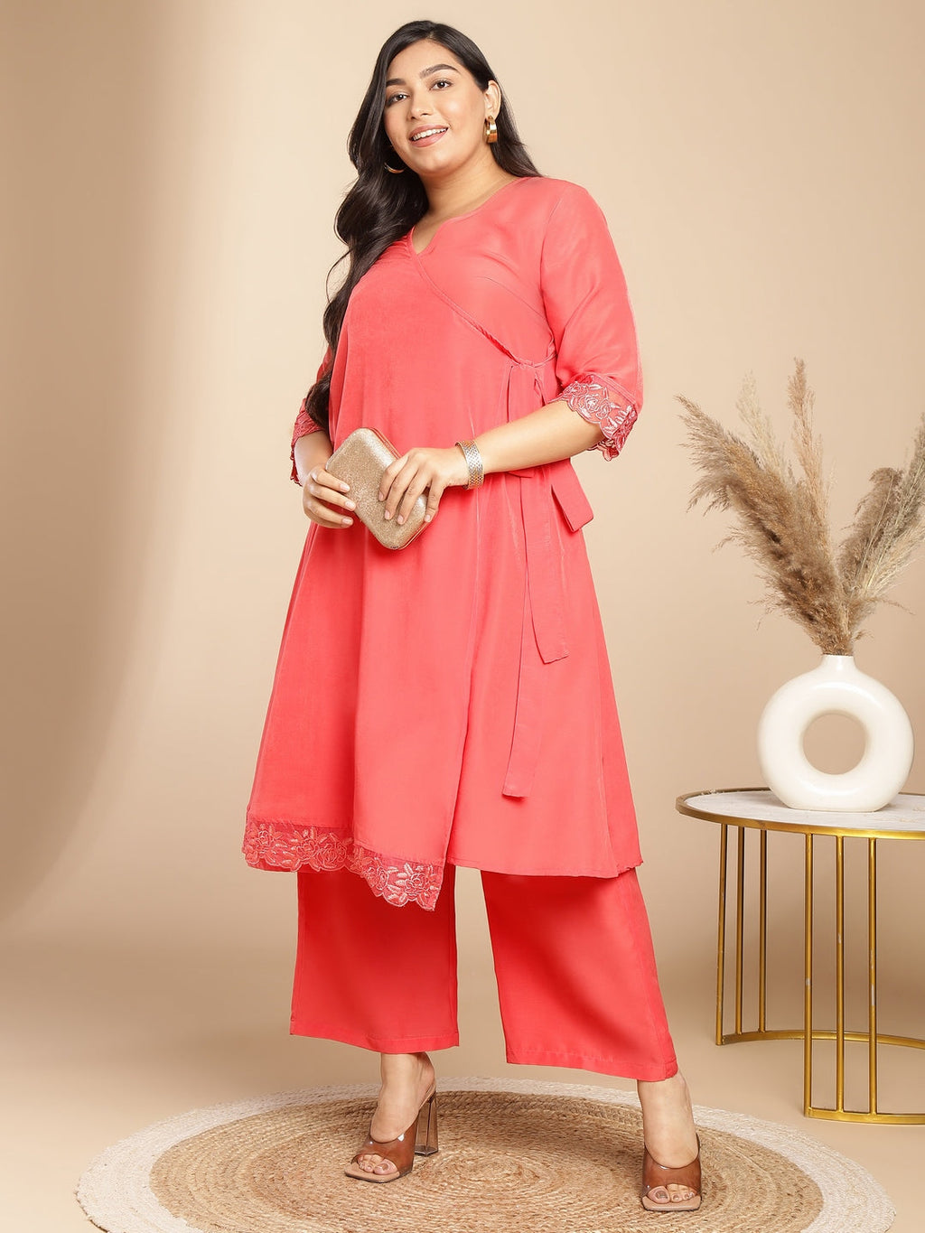 Janasya Angrakha Muslin Peach Solid V-Neck Kurta & Bottom - Distacart