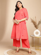 Janasya Angrakha Muslin Peach Solid V-Neck Kurta & Bottom - Distacart