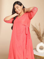 Janasya Angrakha Muslin Peach Solid V-Neck Kurta & Bottom - Distacart