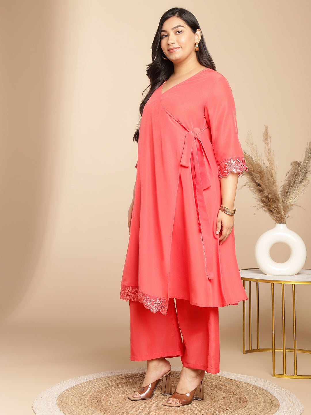 Janasya Angrakha Muslin Peach Solid V-Neck Kurta & Bottom - Distacart