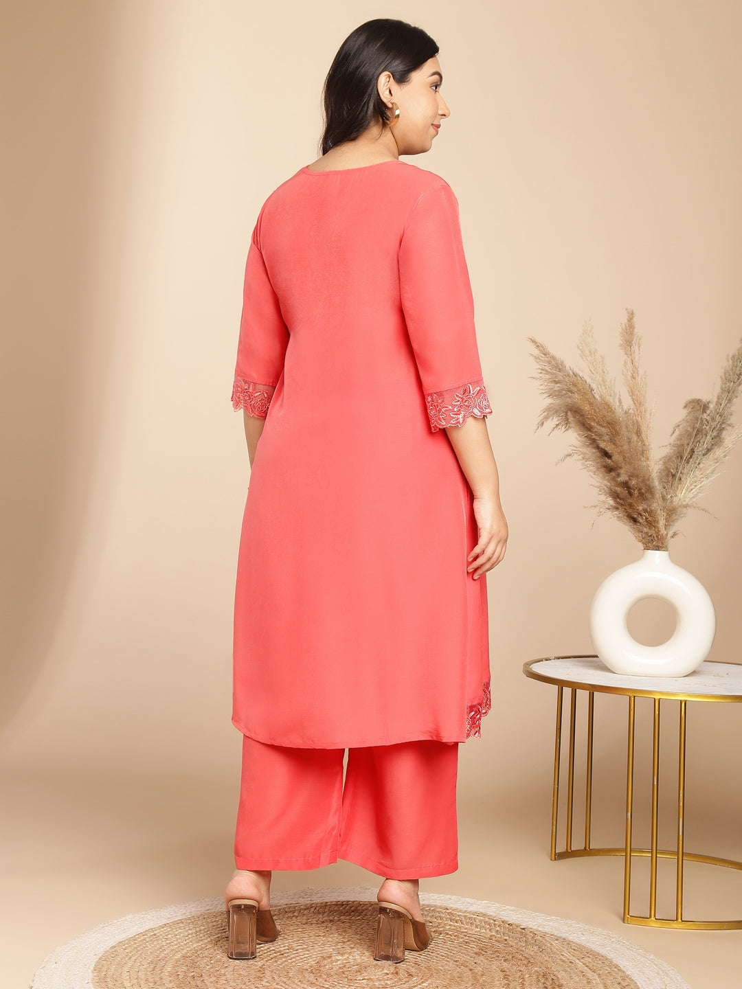 Janasya Angrakha Muslin Peach Solid V-Neck Kurta & Bottom - Distacart
