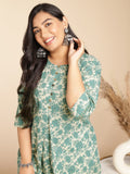 Janasya A-Line Cambric Sage Floral Round Neck Tunic