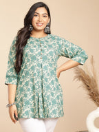 Janasya A-Line Cambric Sage Floral Round Neck Tunic