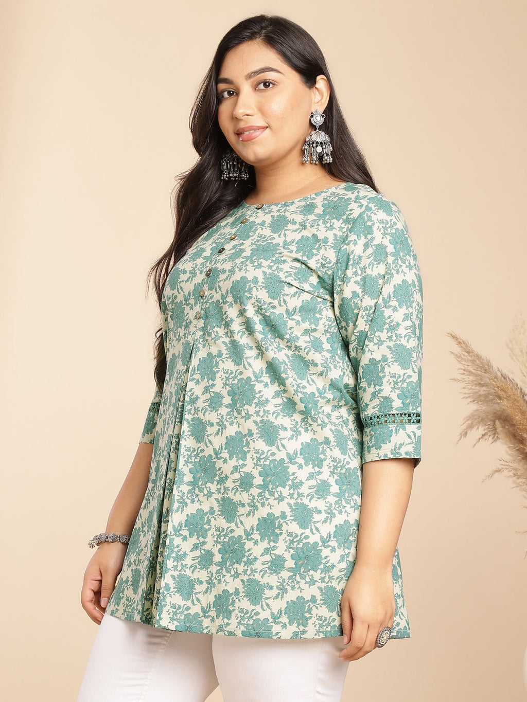 Janasya A-Line Cambric Sage Floral Round Neck Tunic