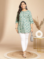Janasya A-Line Cambric Sage Floral Round Neck Tunic