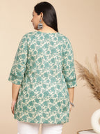 Janasya A-Line Cambric Sage Floral Round Neck Tunic