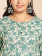Janasya A-Line Cambric Sage Floral Round Neck Tunic